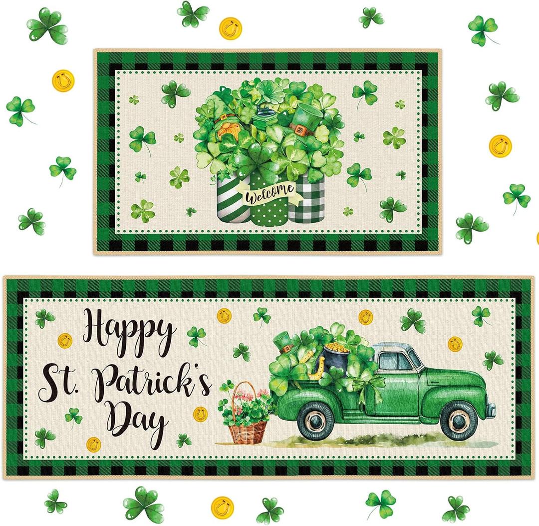 2 Pieces Happy St. Patrick's Day Kitchen Rugs Irish Shamrock Rugs Green Clover Truck Mats Floor Rug for St Patricks Day Home Party Decor, 17 x 29 Inches, 17 x 47 Inches