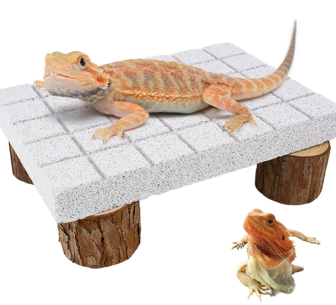 Bearded Dragon Shedding Rock, Bearded Dragon Pumice Stone Platform for Shedding, Calcium Stone with Wooden Pile, Reptiles Claw Grinding Block to Remove Dead Skin, Reptile Tank Care Accessories