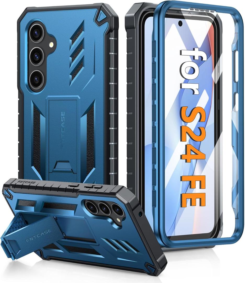 FNTCASE for Samsung Galaxy S24-FE Case: Military Grade Drop Proof Protection Mobile Cover with Kickstand | Matte Textured Rugged Shockproof TPU | Protective Sturdy Phone Case Blue