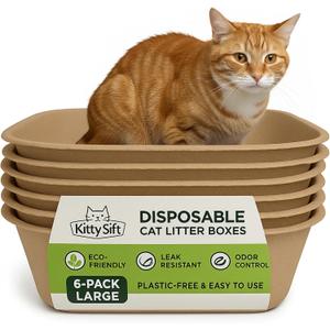 Kitty Sift Disposable Cat Litter Box Large, 6 Count, Durable Portable for Travel and Home, Eco-Friendly Disposable Litter Box Controls Odor