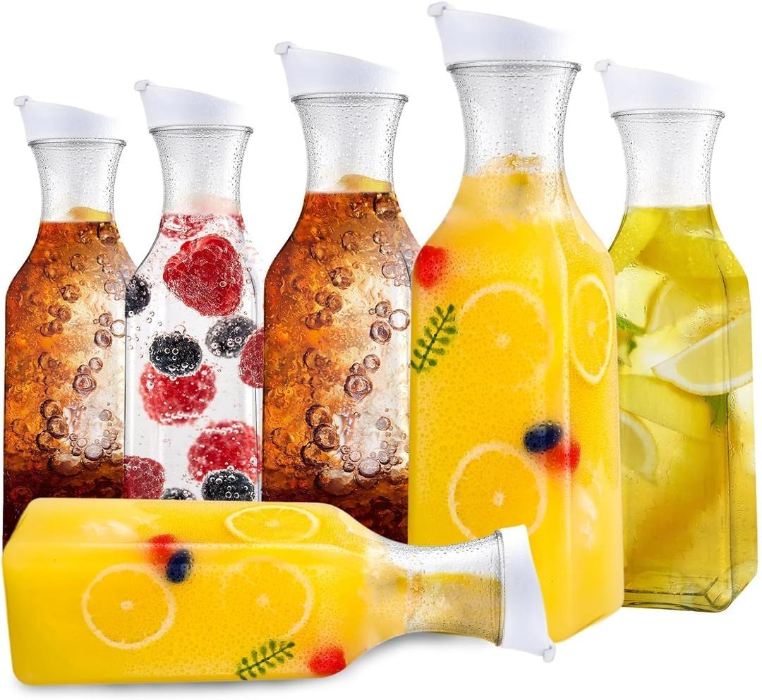 Set of 6 Plastic Carafe with Lid, 50 Oz Carafes for Mimosa Bar Supplies, Square Base Juice Containers, Water Bottle, Milk Container, Clear Beverage Containers for Fridge