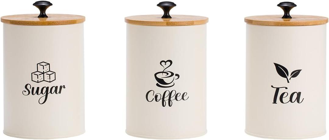 3 Pack Kitchen Canisters with Bamboo Lids, Metal Canister Set for the Kitchen Counter, Airtight Coffee Container Tea Organizer & Sugar Canister, Rustic Kitchen Decor Containers-Beige