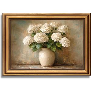 vineolect White Hydrangea Gold Framed Wall Art Vintage Floral Painting Floral Wall Art Cottagecore Nature Picture Shelf Decor Aesthetic Artwork Wall Decor for Living Room Bedroom Kitchen Bathroom 16''x24''