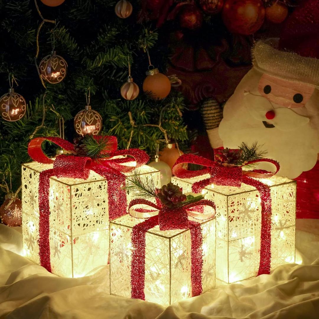 Set of 3 Christmas Lighted Gift Boxes, Battery Operated Xmas Present Boxes, Warm White LED with Bows for Indoor Christmas Tree, Yard, Home Decor