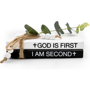 2 Pieces Wooden Decorative White Books, Rustic Farmhouse Faux Books for Coffee Table Shelves with Wood Bead Tassels and Leaves, 7'x 4.6'x 2.5' (God is First, I'm Second)