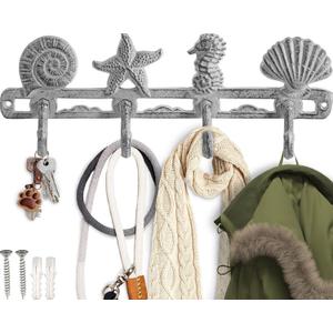 Comfify Vintage Seashell Coat Hook Hanger Rustic Cast Iron Wall Hanger w/4 Decorative Hooks - Includes Screws and Anchors - Beach House Decor - Antique White
