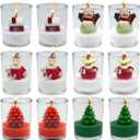 12-Pack Christmas Glass Votive Candles - Festive Decor Set with Santa, Snowman, Pinecone, Cedar, Elk and House Designs - Good for Xmas Holiday Decorations, Parties and Gifts (White Green Red)