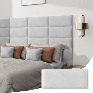 Peel and Stick Headboard for Queen Size, Upholstered Velvet Fabric Wall Mounted Headboard, Pack of 6 Panels (Each 24"x10", Light Gray)
