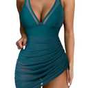 SUUKSESS Women Sexy Mesh One Piece Swim Dress Slimming Tummy Control Swimsuit Push Up High Waisted Bathing Suit (Peacock Blue, L)