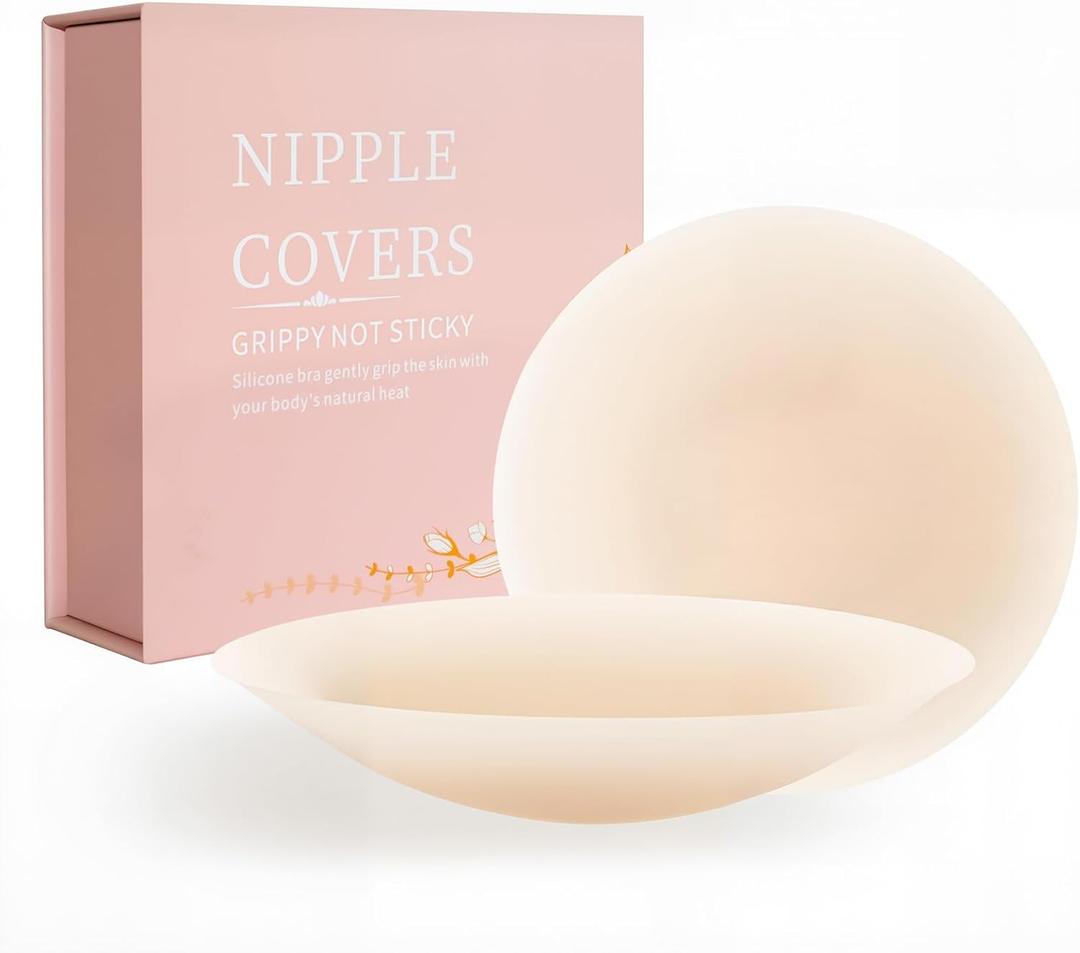 Not Sticky Pasties Nipple Covers, Grippy Seamless Covers, Reusable Silicone No-Show Inserts with Travel Box (3.15IN(AA-A), Bright Skin)
