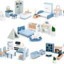 Wooden Dollhouse Furniture Set, Sanlebi Doll House Accessories and Furniture, Miniature Furniture Including 5 Room Kits, Pretend Play Toy Gift for Boys Girls Toddler 3+