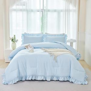 ANGIYUIN 5Pcs Queen Size Comforter Sets Light Blue Ruffle Bedding Sets Vintage Farmhouse Bed Sets Solid Elegance Boho Bed in A Bag for Girls Women（Light Blue Queen）