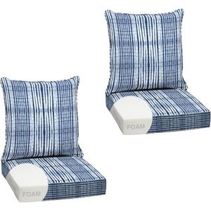 Arden Outdoor Foam Deep Seat Cushion Set (2-Pack), 24x24, Premium High-Density Foam, Never Flattens, Weather-Proof for Patio Chair Sofa Couch, Blue Shibori Stripe