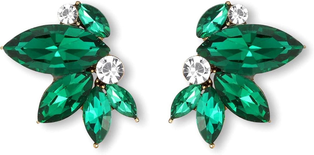 Sparkly Rhinestone Drop Earring Dainty Faux Crystal Earring Studs for Women Wedding Prom Party (Green)