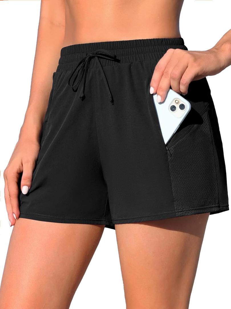 ATTRACO Women Swim Shorts Side Split Swim Trunk 2 in 1 Board Shorts with Pockets Swim Bottom (XX-Large, Black(zip Pocket))