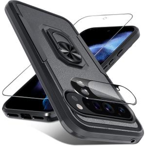for Google Pixel 10 Pro XL Case with Screen Protector + Camera Lens Protector,Heavy Duty Shockproof Full Body Protective Cover Built in Rotatable Metal Ring Holder Kickstand,2025 Black Matte