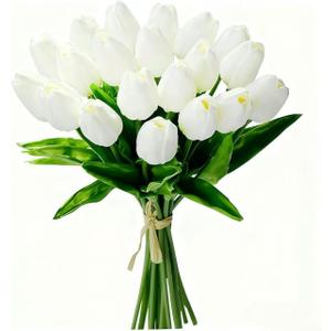 20Pcs Fake Tulips Artificial Flowers Real Touch 13.5" PU Faux Flowers Tulip Stems for Wedding Spring Bouquet Floral Arrangement Home Party Office Decorations for Mother's Day (White)