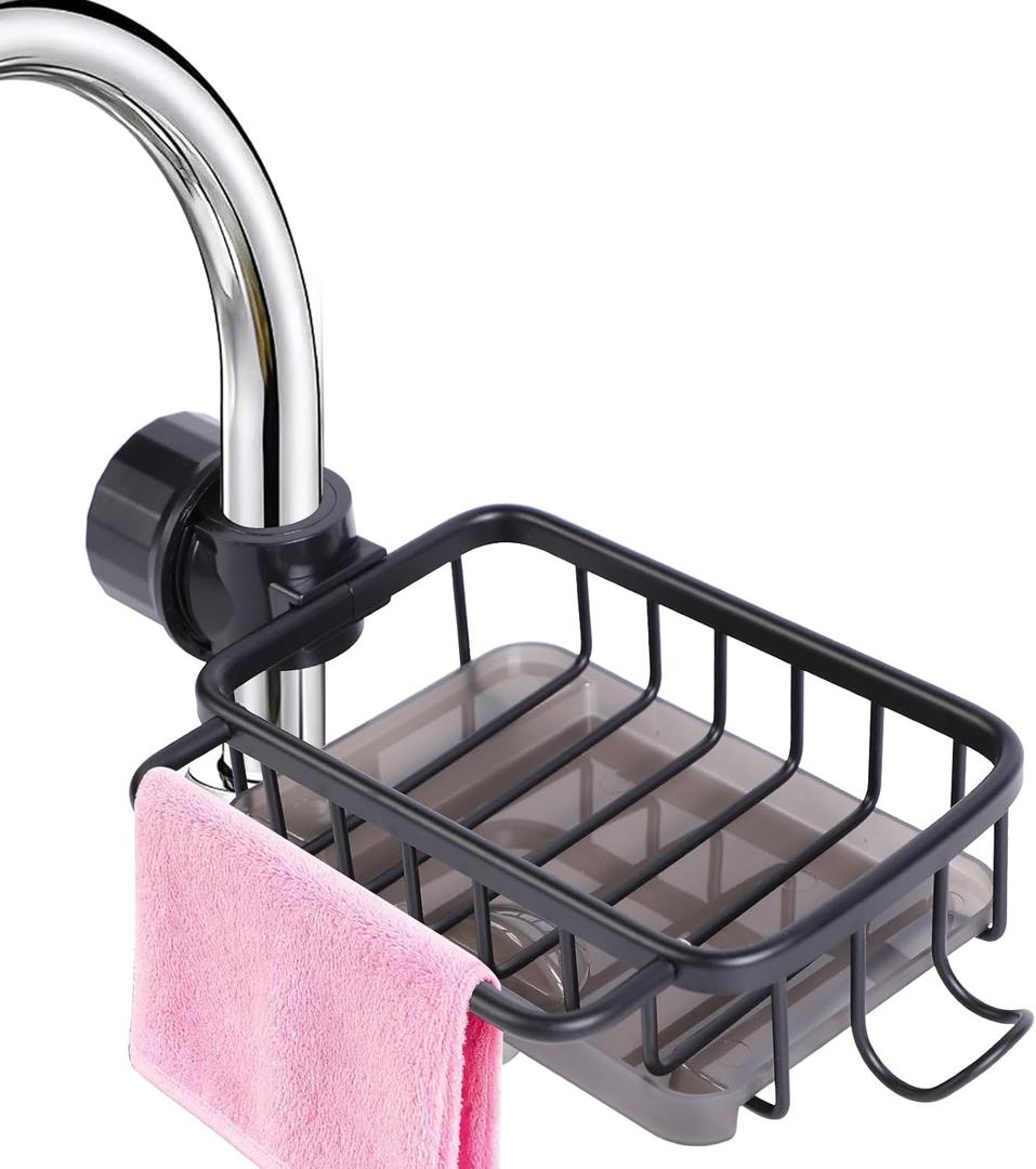 Kitchen Sink Caddy Organizer,Equipped with A Drainage Tray Sponge Holder,Faucet Organizer Rack for Bathroom,Adjustable with Hooks, Suitable for Kitchen and Bathroom, Left Side