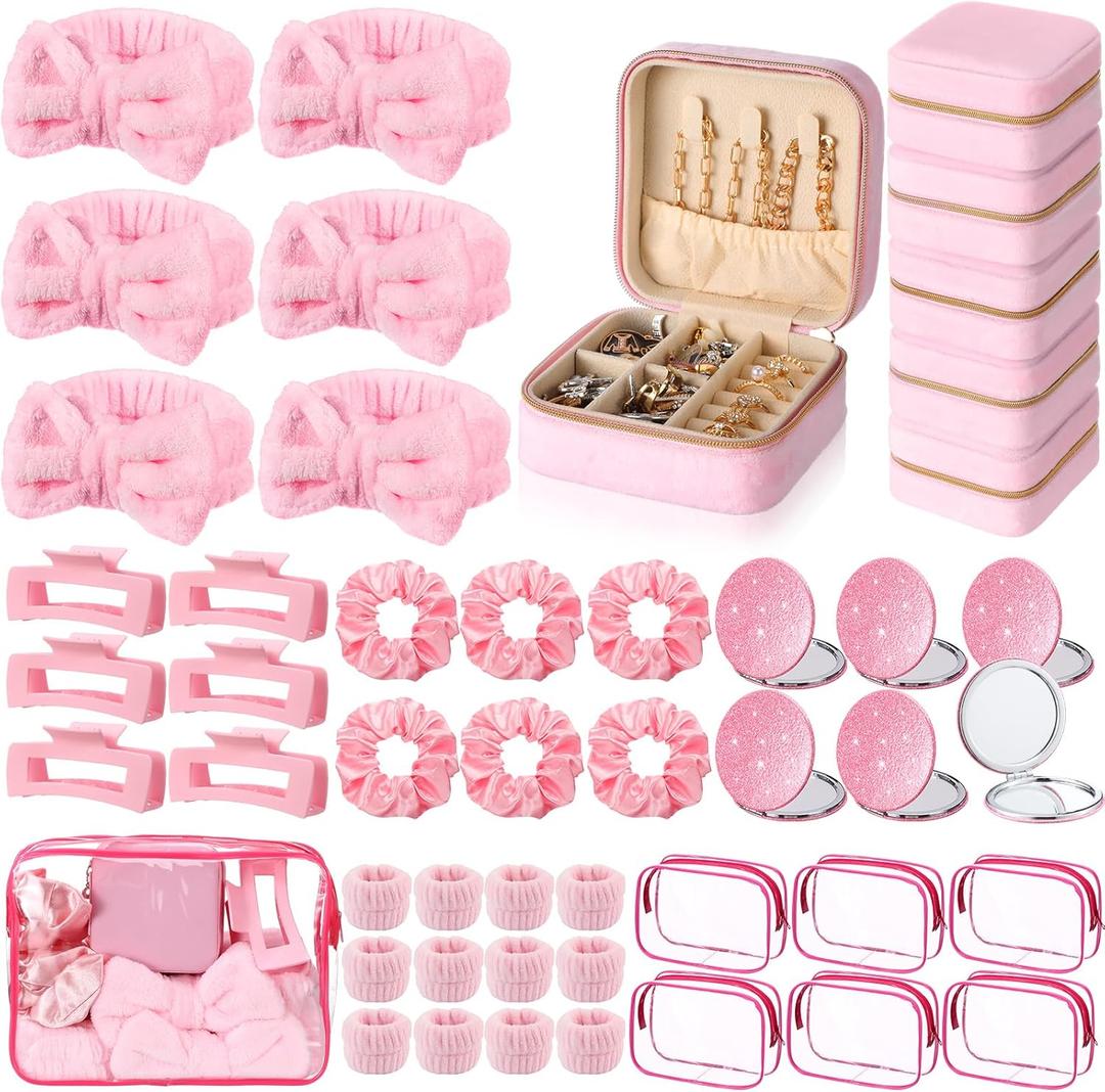 48 Pcs Spa Party Favors Sleepover Slumber Party Velvet Jewelry Box Headband Scrunchies Hair Clip Travel Jewelry Box Organizer Mirror for Women Bridesmaid Bachelor