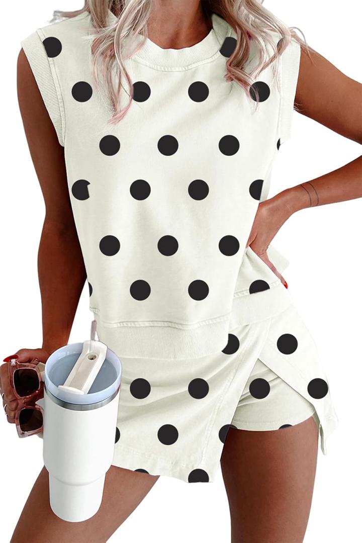 KevaMolly Womens Lounge Sets Ribbed Trim Polka Dot Print Tank Split Mini Skort 2pcs Set Sleeveless Polka Dot Sets XL
