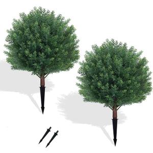 Set of 2 Artificial Cypress Topiary Ball Trees - 24’’ Fake Outdoor Pine Bushes with Ground Spike, Indoor Realistic Faux Plants for Home Garden Front Porch Decor