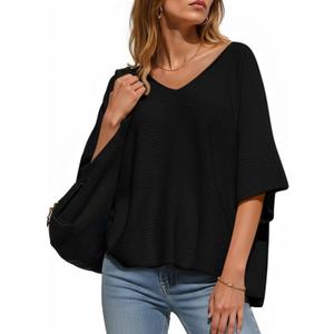 Saodimallsu Womens Short Sleeve Sweater Summer Oversized V Neck Knitted Pullover Trendy Casual Tops (L)