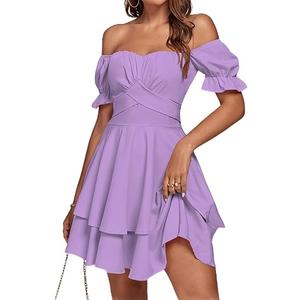 LYANER Women's Tie Back Off Shoulder Wrap Layer Ruffle Short Sleeve Mini Dress, L, Solid Light Purple