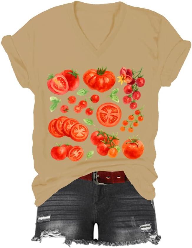 Tomato Tshirt Fruit Tee Shirts Womens Tomato Season V-Neck Shirt Graphic Tees for Women Casual Short Sleeve Tops (M)