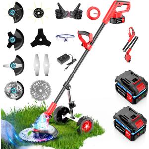 Cordless Lawn Trimmer Weed Wacker, 21V Lawn Mower Grass Edger with 3 Types Blades & 2X Battery, Lightweight 125 cm Retractable Weed Trimmer/Stringless Grass Trimmer/Brush Cutter, Red