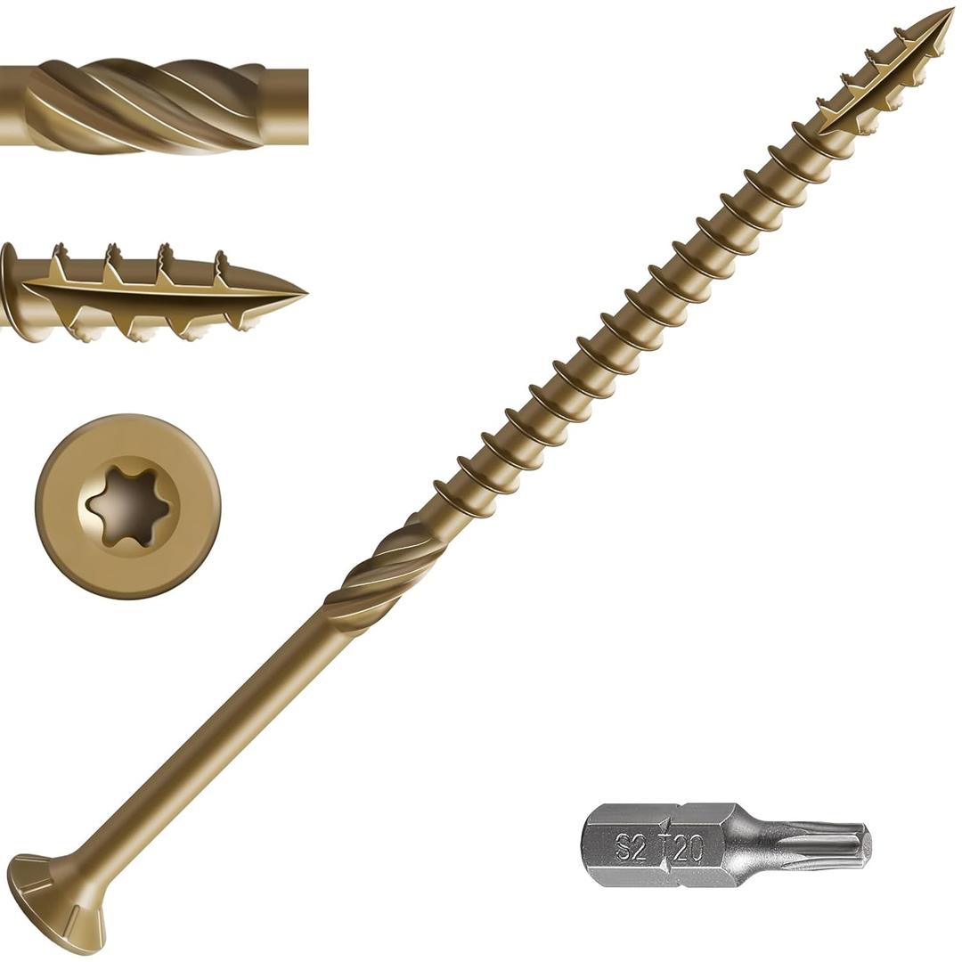 #14 * 8" Extended Deck Screws, (38 pcs) 2 lbs.Lengthen Exterior Wood Screws, Rust Resistant epoxy Coated, Bronze, T30 Star Bit (Yellow)