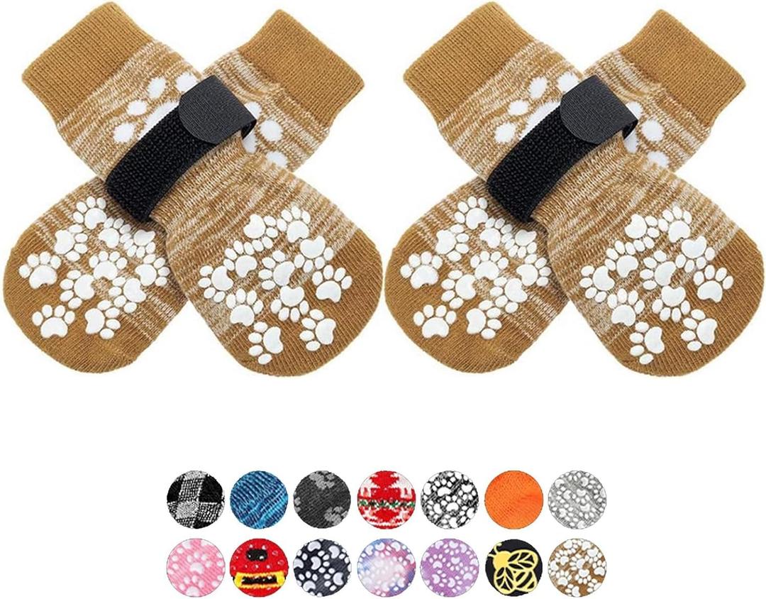 EXPAWLORER Anti Slip Dog Socks to Prevent Licking Paws, Dog Shoes for Hot Pavement, Dog Booties for Small Medium Large Senior Dogs, Traction Control Boots & Paw Protectors for Hardwood Floors (Small (4 Count), Khaki)