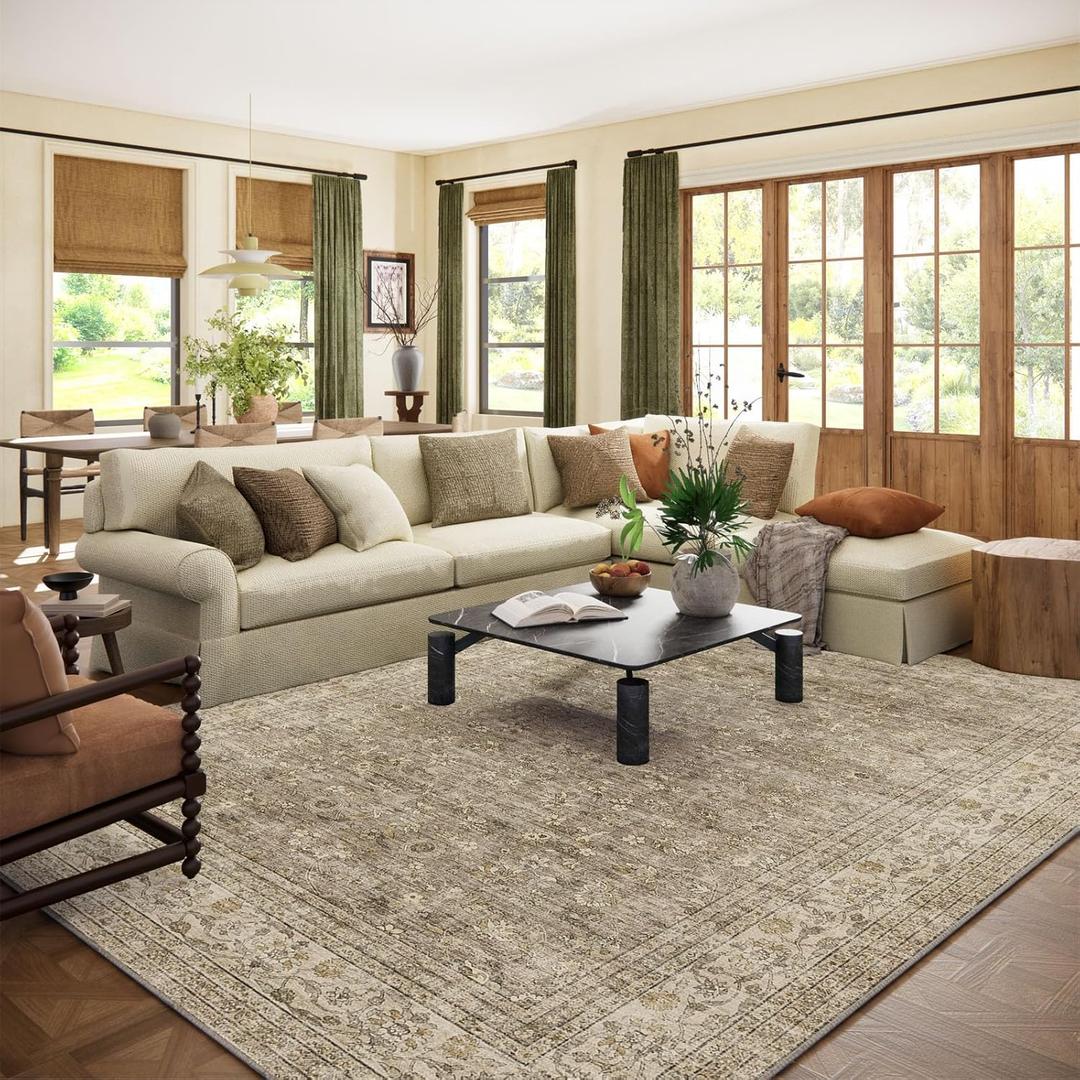 Machine Washable Rugs for Living Room: 9x12 Area Rugs for Bedroom Vintage Stain Resistant Non Slip Low Pile Lightweight Boho Carpet for Kitchen Dining Room Farmhouse Kids Room Nursery (Brown and Grey)