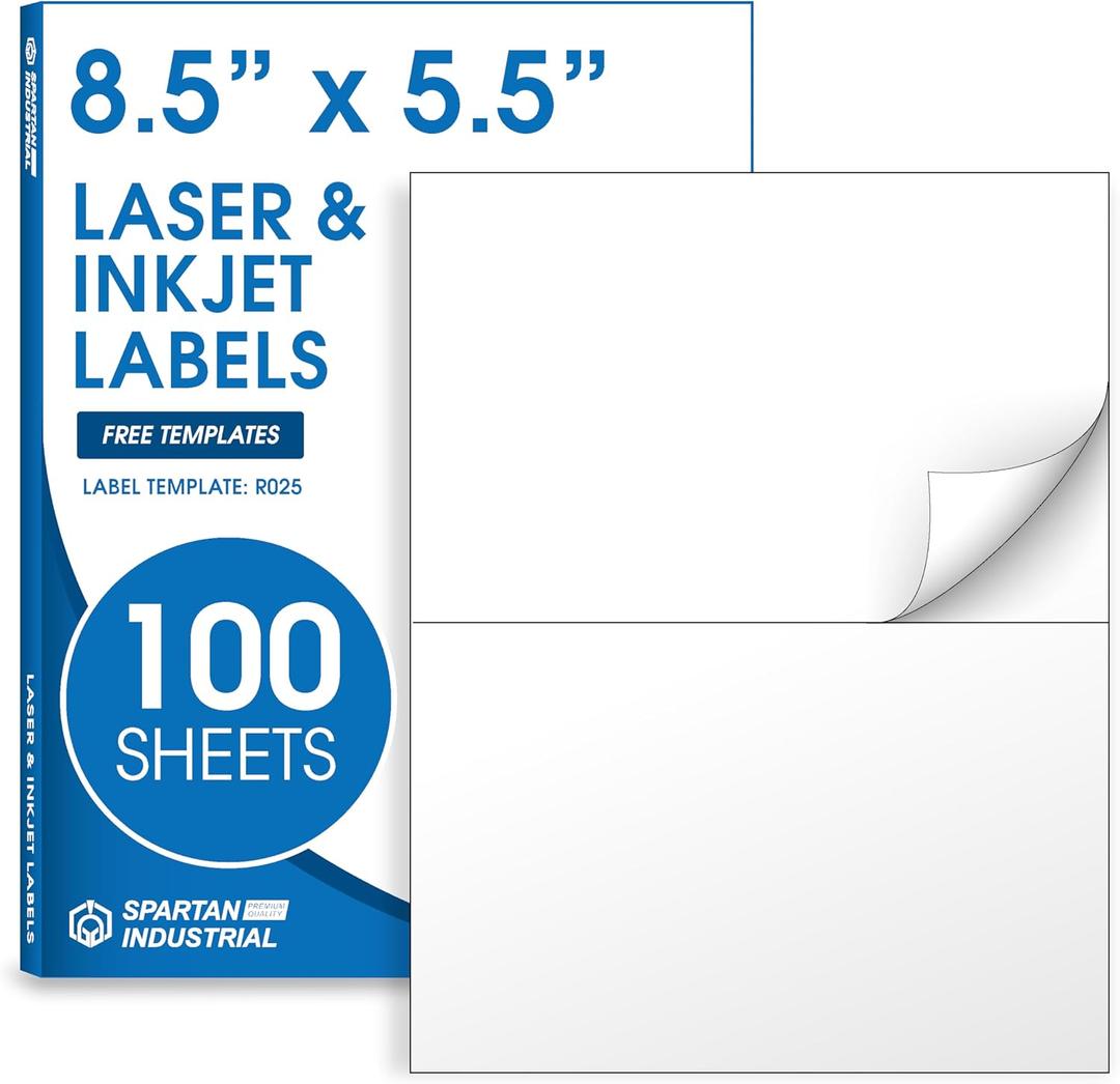 8.5" X 5.5" Printable Half-Sheet Shipping Labels Compatible with Inkjet and Laser Printers - 100 Sheets, 200 Total Matte White Paper Stickers for Mailing and Boxes - Spartan Industrial Template R025