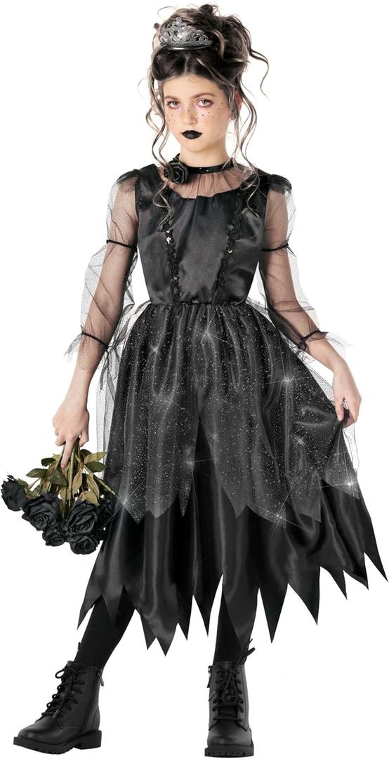 Morph Kids Gothic Witch Costume For Girls - Black Witch Dress For Kids - Spooky Halloween Outfit For Girls (10-12 years) L