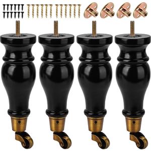 9 inch / 22cm Wooden Furniture Legs with Casters Wheels, Pack of 4 Classic Black Solid Wood Round DIY Replacement Bun Feet for DIY Project Sofa Couch Cabinet Ottoman Bed Riser