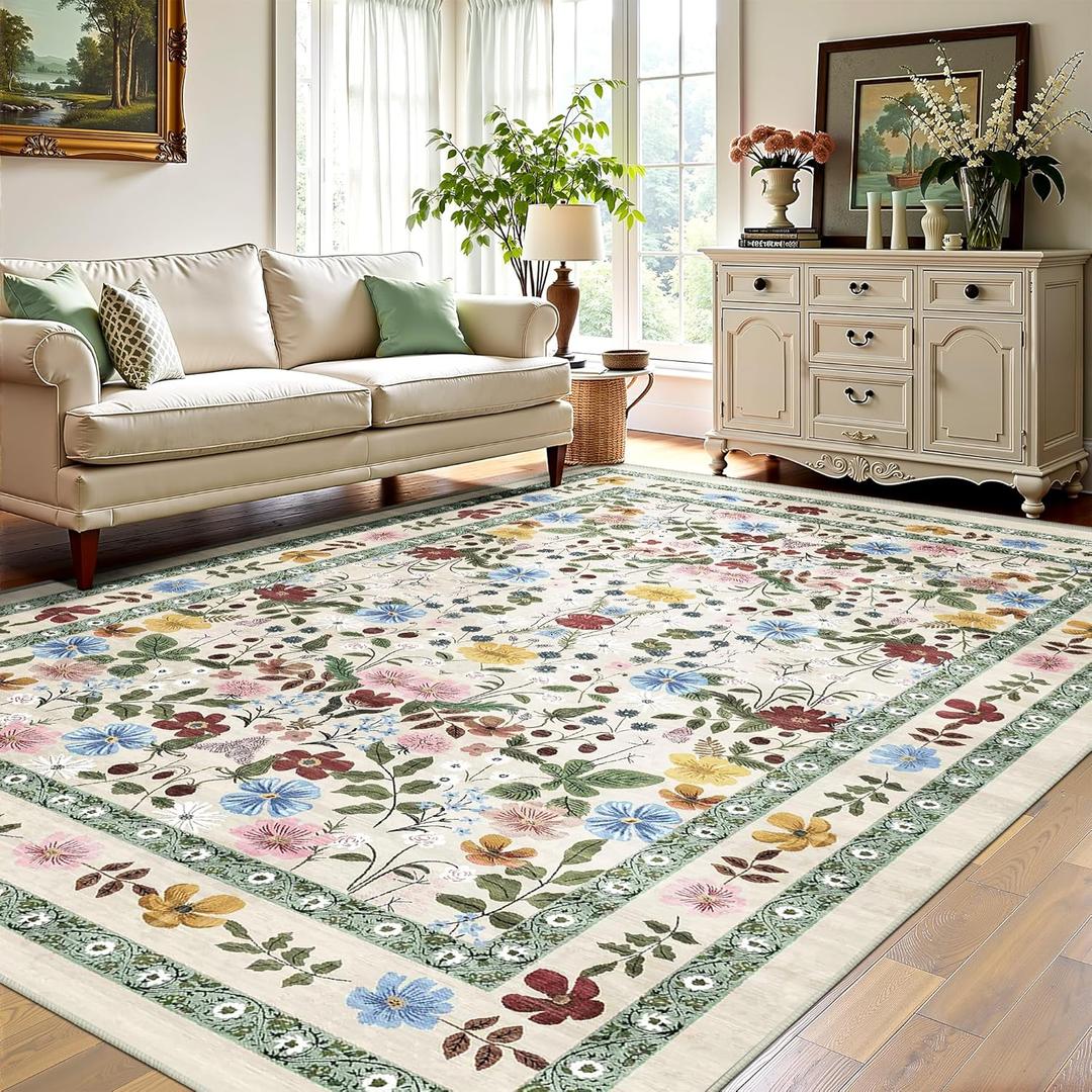 Deerly Boho Floral Rug 6x9 Vintage Colorful Washable Non-Slip Living Room Carpet Soft Low Pile Thin Bedroom Floor Mat Indoor for Dining Room Playroom Nursery Farmhouse, Beige/Green/Multi