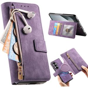 2-in-1 Magnetic Detachable Wallet Case for Samsung Galaxy Z Fold 7, PU Leather Flip Cover with Card Holder, Zipper Pocket, Kickstand Shockproof Protective Case for Galaxy Fold7 CXML Purple