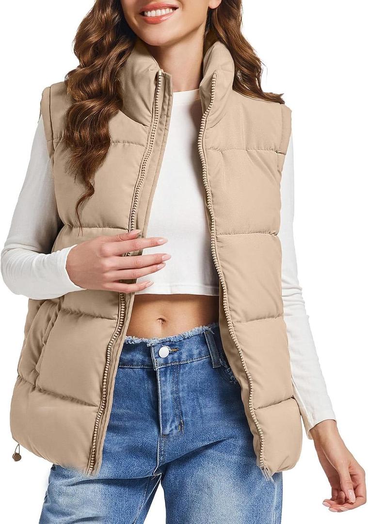 Polu Puffer Vest Women Zip Up Stand Collar Sleeveless Puffer Vests Oversized Padded Gilet Jacket (Medium, Khaki)