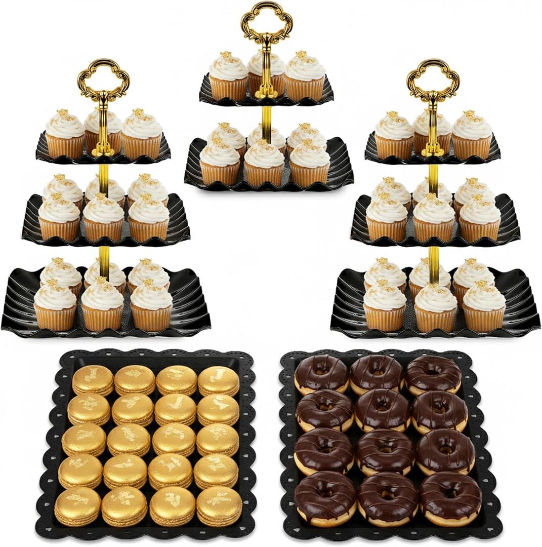 NWK 5 Piece Cake Stand Set with 2 x 3-Tier Cupcake Stands, 1 x2-Tier Cupcake Stands, 2 x Appetizer Trays, for Wedding Birthday Baby Shower Tea Party Decorations (Black)