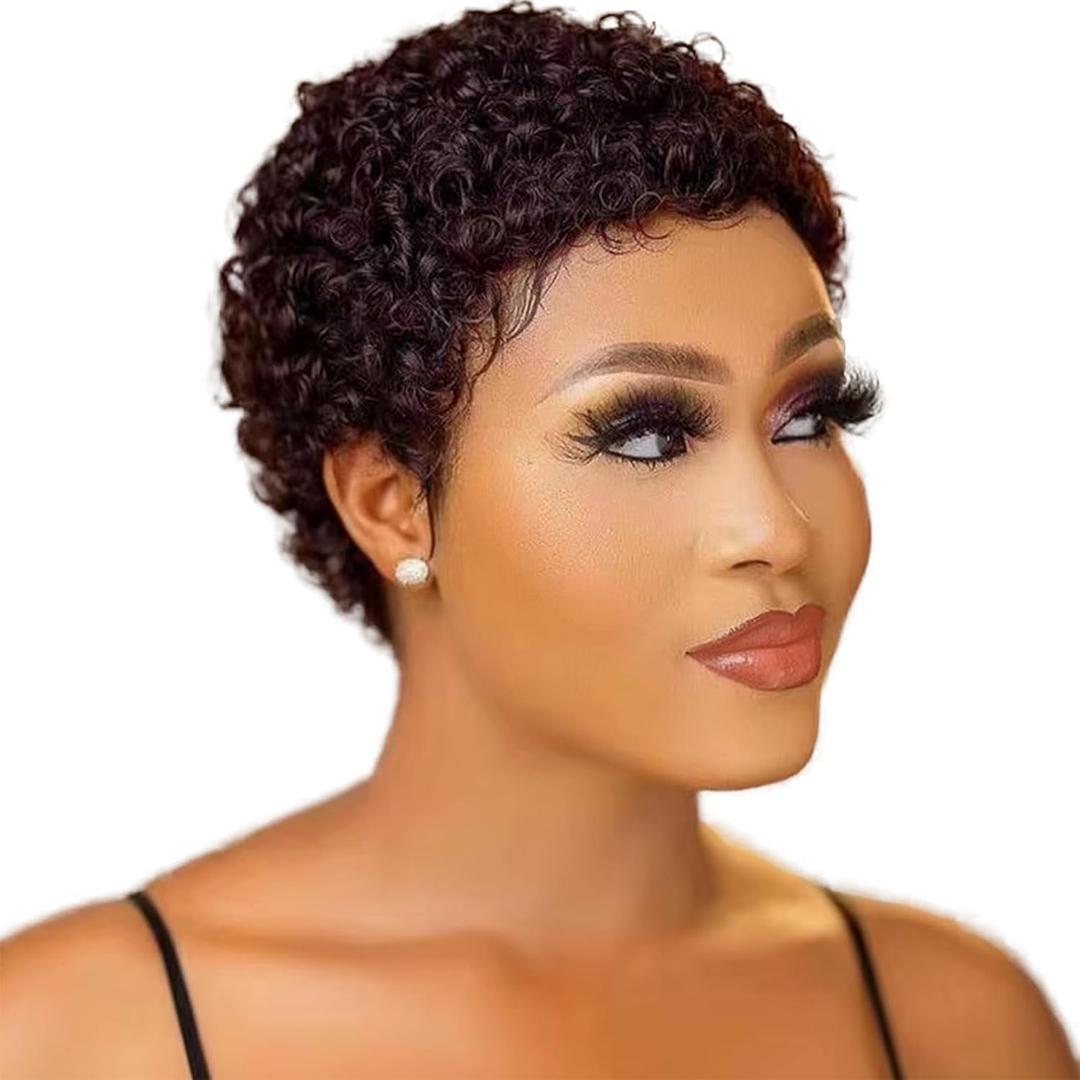 Glueless Wear and Go Wig Short Curly Human Hair Wigs for Black Women Full Machine Made Glueless Wig Afro Kinky Curly Wigs for Daily Use (33#) (2 Inch)