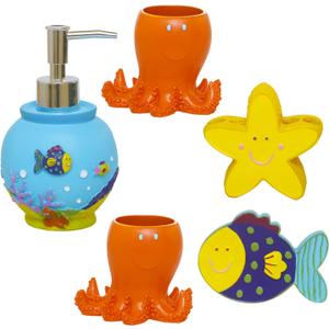 Decorative Bathroom Accessories Set, Vanity Organizers Including 2 Octopus Tumblers, 1 Clownfish Soap Dish, 1 Starfish Toothrush Holder and 1 Ocean Soap Dispenser