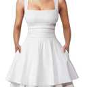 Women’S Sleeveless High Waist Square Neck A-Line Mini Dress White Small