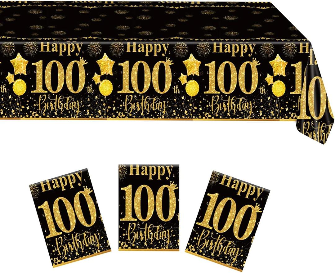 3 PCS 100th Birthday Tablecloth Black and Gold Theme Table Cloths for Parties Cheer to 100 Years Happy Birthday Tablecloth for Men Women Birthday Anniversary Party Supplies
