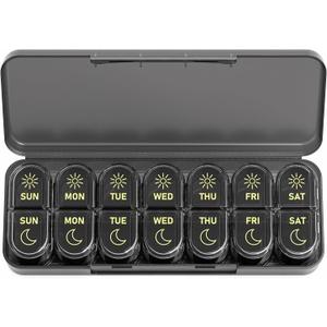 Daviky Weekly Pill Organizer 2 Times a Day, 7-Day AM PM Medicine Case, Travel-Friendly Pill Box for Fish Oils, Vitamins & Supplements (Black)
