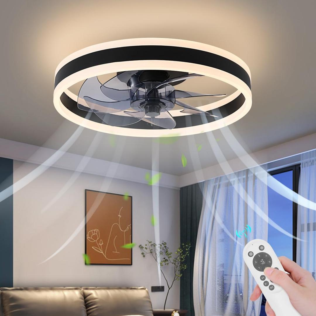 15.7" Modern Ceiling Fan with Lights - Flush Mount, Low Profile with Remote, Dimmable LED, 6 Speeds Timing for Bedroom Indoor Use, Black