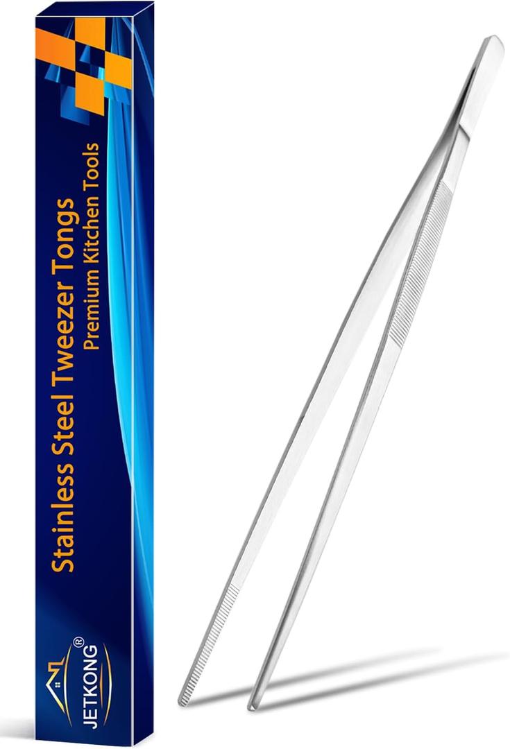 2 x JETKONG 12 Inch Kitchen Tweezers Cooking Tweezer Tongs, Stainless Steel Food Tweezers Multi-function Precision Serrated Tips Kitchen Serving Tong