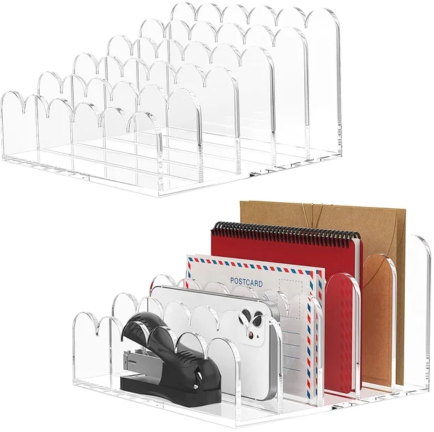 YAGELI 2 Pack 5Slot Acrylic Mail Organizer for Desktop – Scalloped Clear Document Sorter, Vertical File Holder for Office/Home, SpaceSaving Desk Organizer for Letters,Envelope,Bills,Stationery