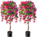 Giegxin 4 ft Bougainvillea Artificial 2 Pcs Artificial Bougainvillea Tree with Flowers in Plastic Pot Tall Floor Plant Faux Blooming Tree Large Fake Plants for Outdoor Indoor(Red Purple)
