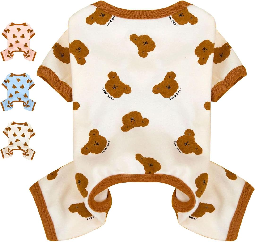 Dog Pajamas Small Sized Dog Onesie Clothes Soft Stretchy Puppy Pajamas for Small Dogs Cats Girl Pet Costume Cute Bear Printed Pjs Outifts French Bulldog Chihuahua Doggie Clothing (Small(suggest length of back 7.1''), White)