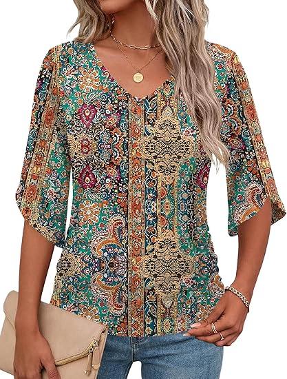 Micoson Womens 3/4 Sleeve Tops Dressy Casual Ruched Blouses Summer Tops V Neck Work Clothes